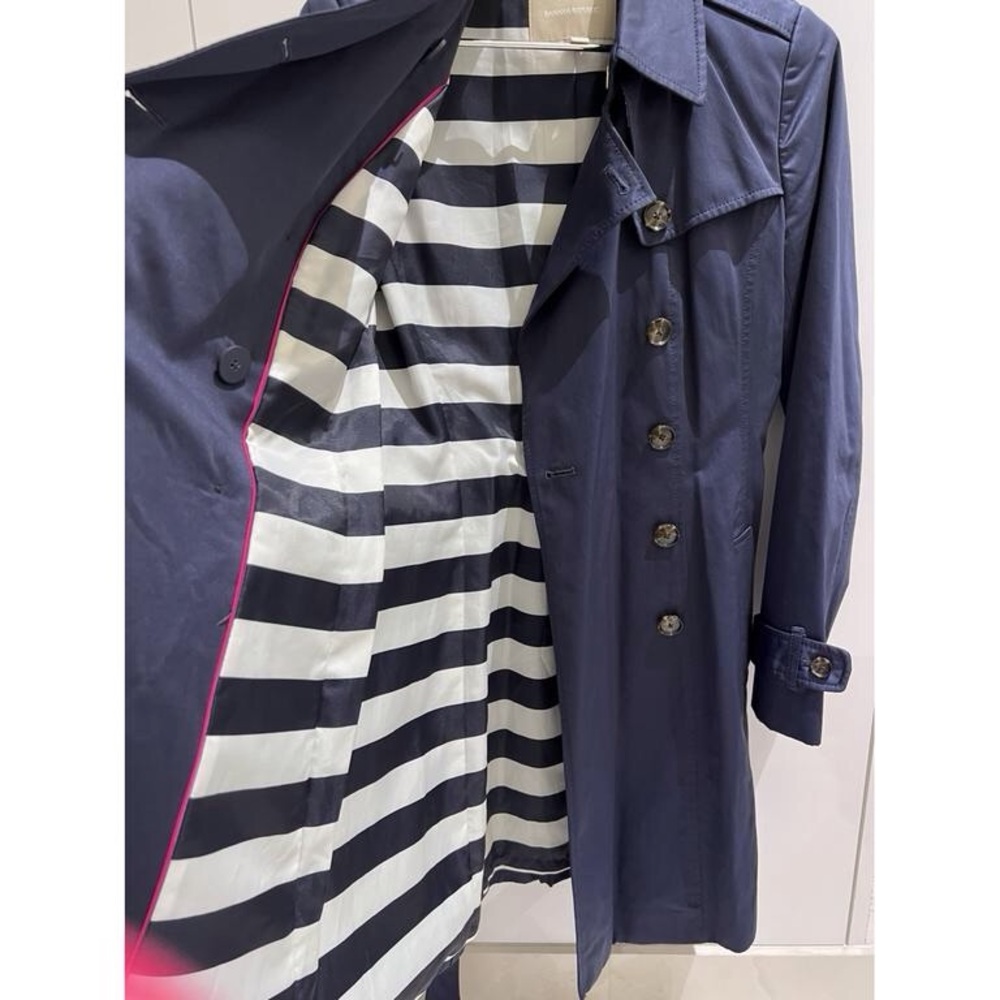 Blue and Black Trench Coat with Striking Striped Lining
